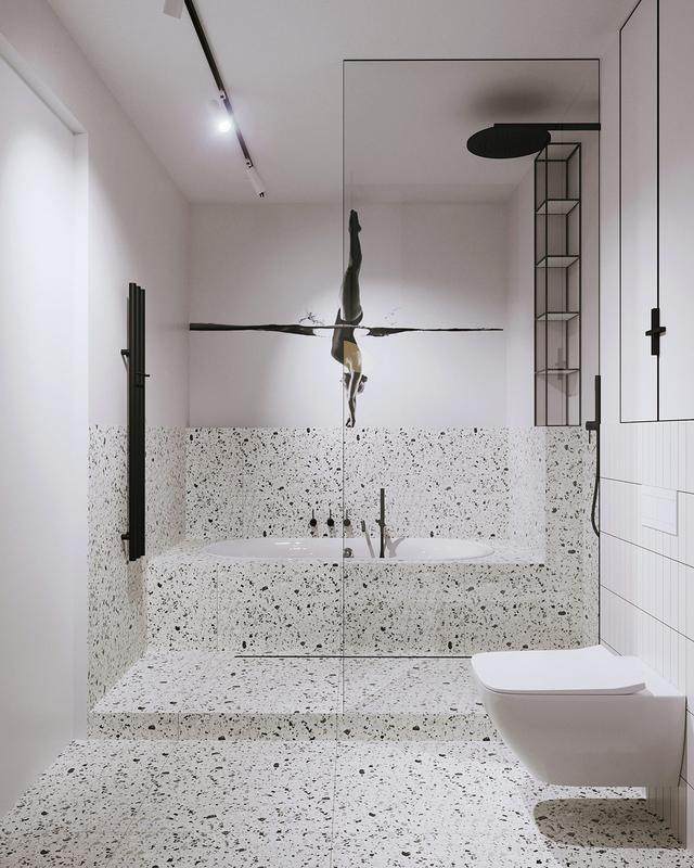 水磨石处理一直延伸到浴缸和淋浴区.