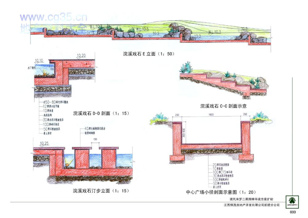 经典景观设计全案之恒茂·现代米罗全套设计文本_033浣溪戏石剖立面（二）.jpg