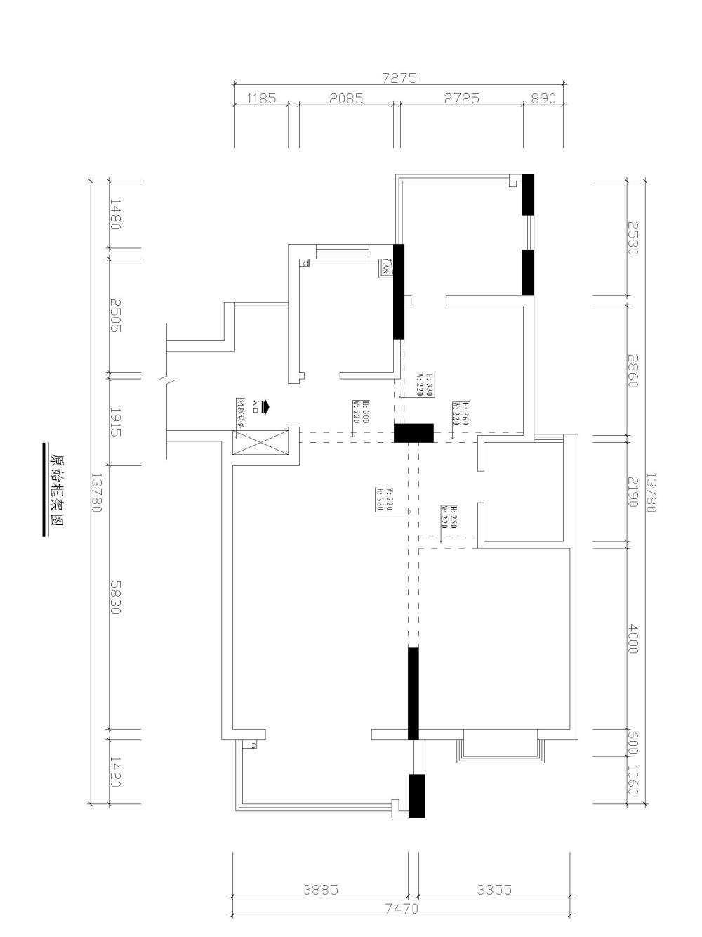 大师们 帮忙看看 这餐厅 实在太小了  帮忙调整调整思路!!_原始框架图.jpg