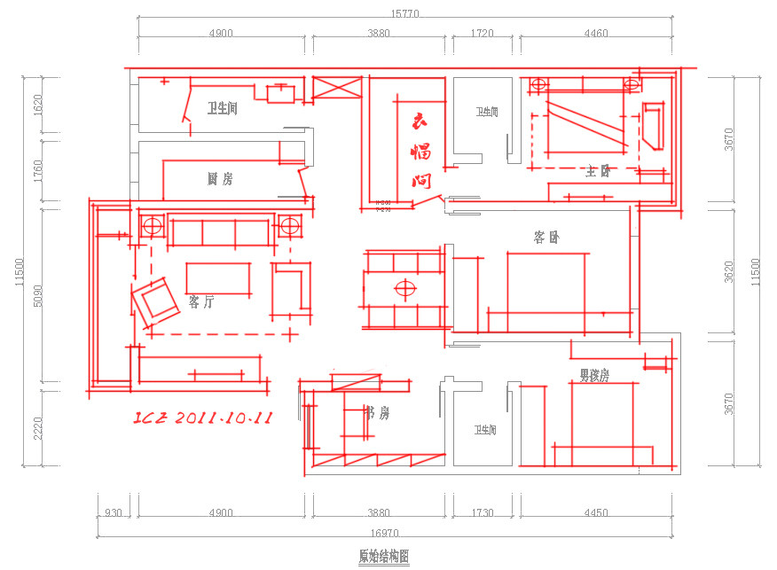 三口之家，这么大的面积如何布置，求救啦，谢过啦。。。_原始结构图.jpg