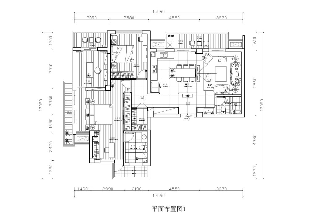 江湖救急！！两套打通190方大户型！求指点！！_平面布置图1.jpg