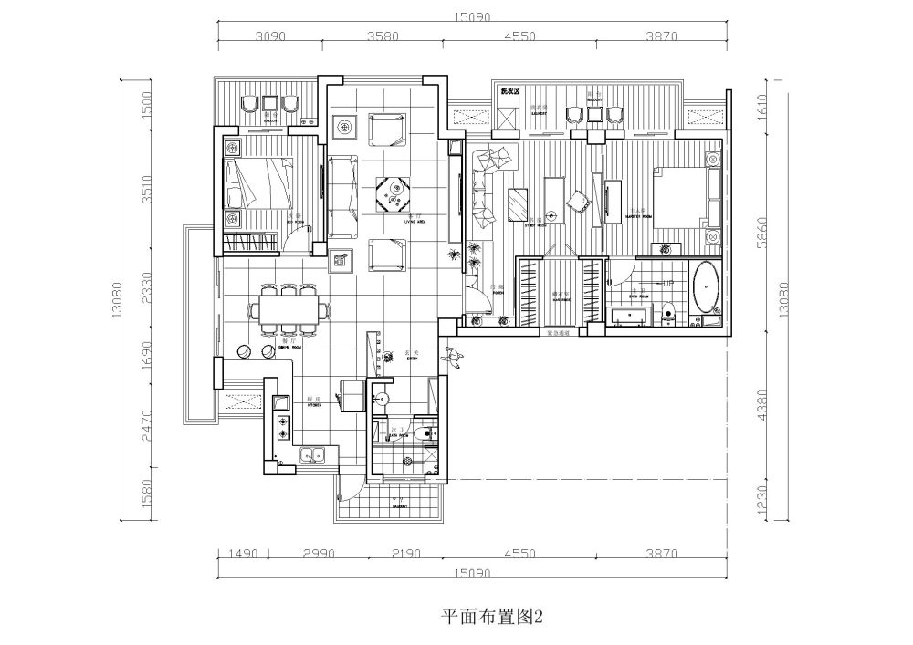 江湖救急！！两套打通190方大户型！求指点！！_平面布置图2.jpg