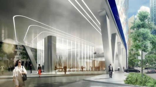 UNStudio设计上珊顿V“在新加坡的新UIC的大厦_大堂 发展不锈钢线在地面镶嵌成的地板和灯光线追查穿过天花板，引导行人到他们的目的地。 办公大厅分为接待 ...