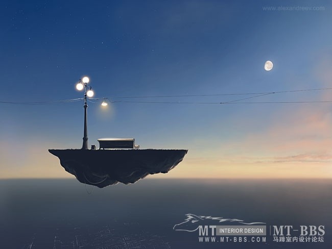 Alex Andreev 笔下的天空之城_寂寞的车站。灵感或许来源于雷尼马格利特（Rene Magritte）的帝国之光.jpg.jpg