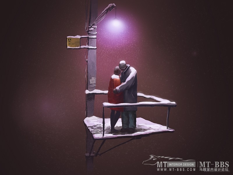 Alex Andreev 笔下的天空之城_漫天飞雪，灯下候车。.jpg