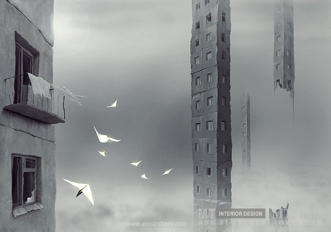 Alex Andreev 笔下的天空之城_摩天楼耸立，残存的公寓不见人烟，荒芜而怪诞.jpg