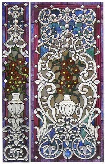 Item3730 pc beveled- stained glass door and side lights flowers, window detial.jpg