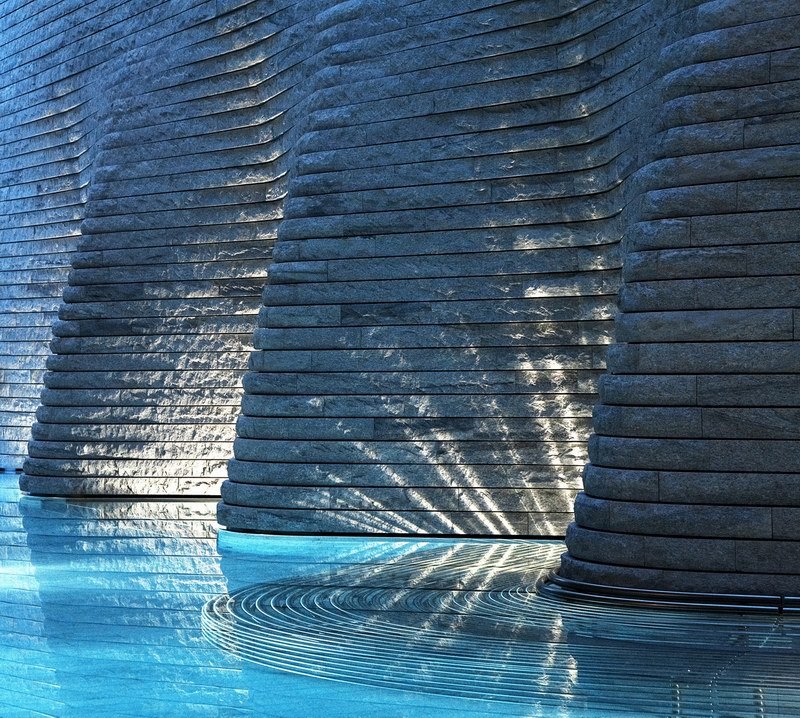 另一边的弧面墙壁设计也不得不提。这些是由意大利石匠在维罗纳切割并排序后运到当地重新组装成的——这个工 ...