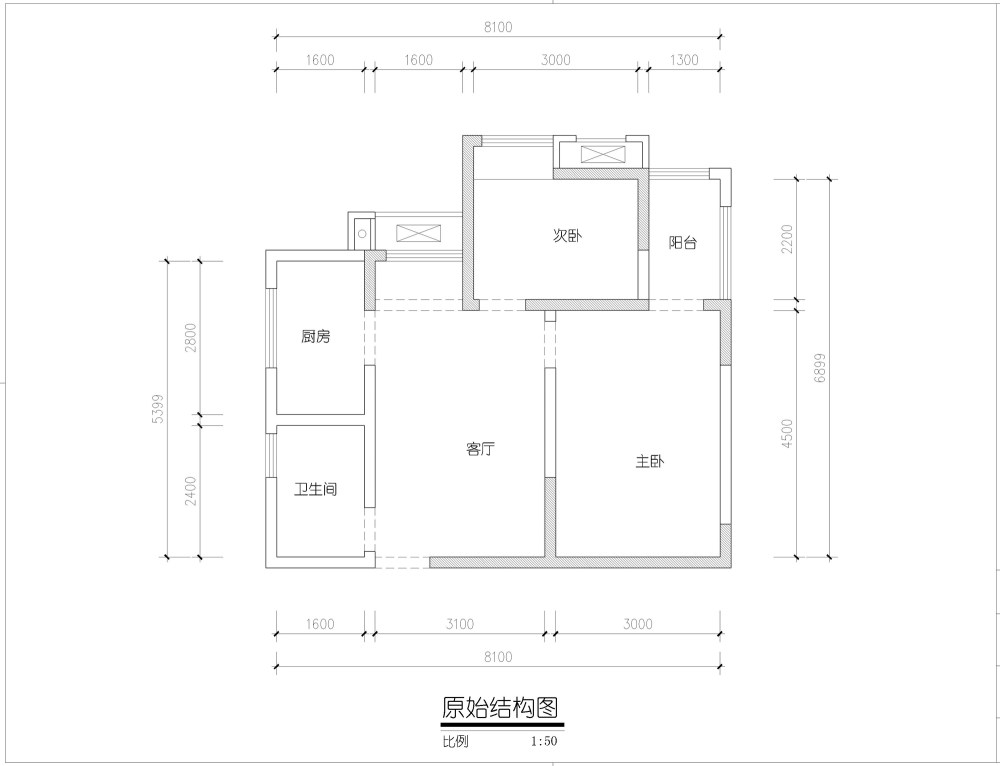 一个小户型，请各位朋友指点指点，谢啦_家原始结构图1.jpg