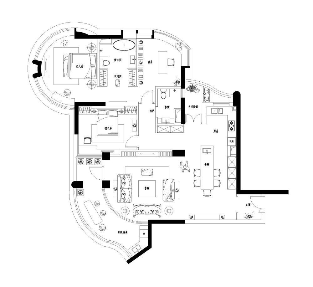 弧形的户型 刚做的平面布置 感觉不是很好 希望大家多交流_BBS22 Model (1).jpg