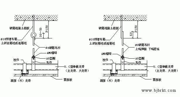 吊杆与主龙骨的连接以及吊杆与上部紧固件的连接如图