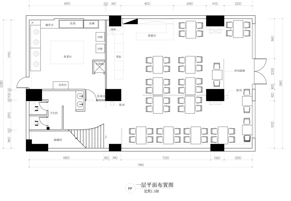 鱼火锅主题的餐饮空间的平面布置_一层平面布置