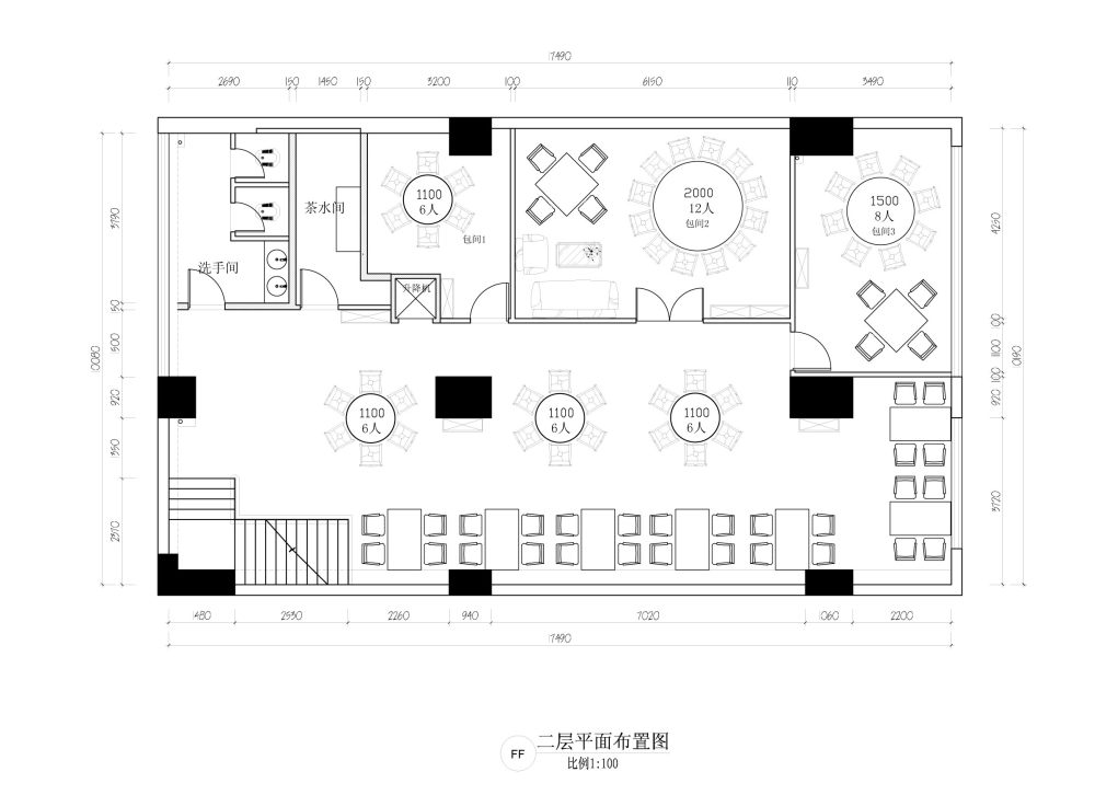 鱼火锅主题的餐饮空间的平面布置_二层平面布置