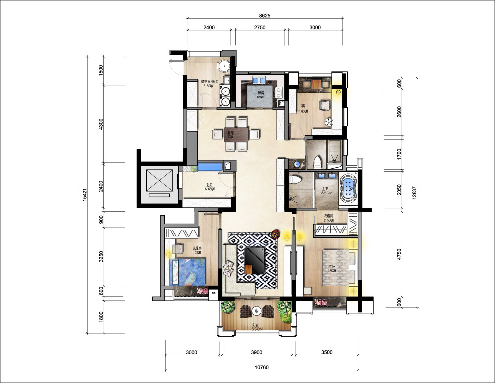 现代风格-130平方豪宅平面方案-1.2_彩色平面图R5副本.jpg