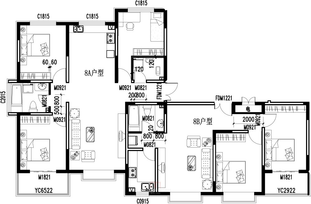 业主一家八口人，老人和俩个儿子想住一块，买了俩套房..._0000号楼-Model.jpg