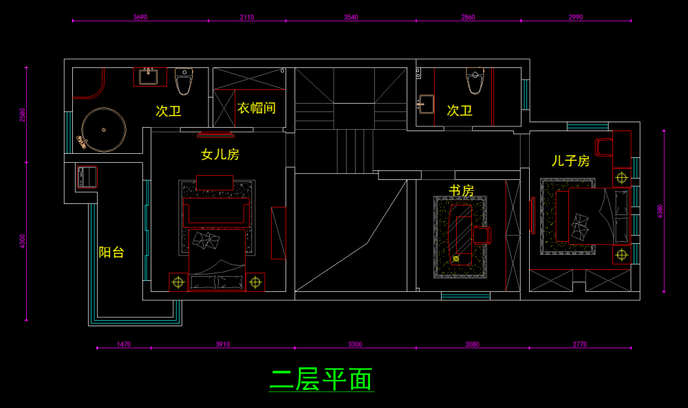 一个别墅的方案 求大神指点_二层平面.png