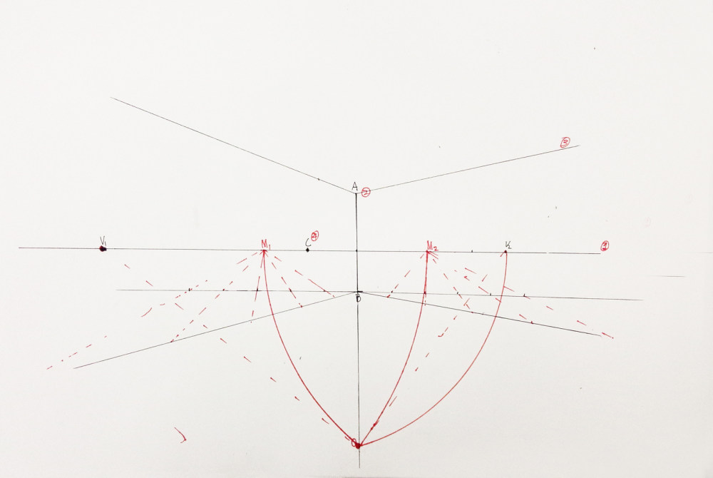 手绘基础（透视的原理）每天发出一份练习，找到方向。_在根据M1、M2经过水平线的刻度值，做链接线。