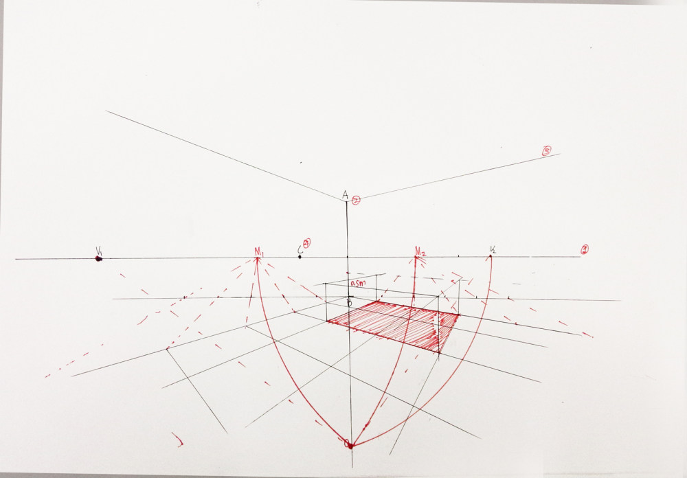 手绘基础（透视的原理）每天发出一份练习，找到方向。_在以V1、V2两个消失点去经过M1、M2的链接点画出地面铺地，我们在画一个正方形2M*2M*0.5M的一个正方形，与同 ...