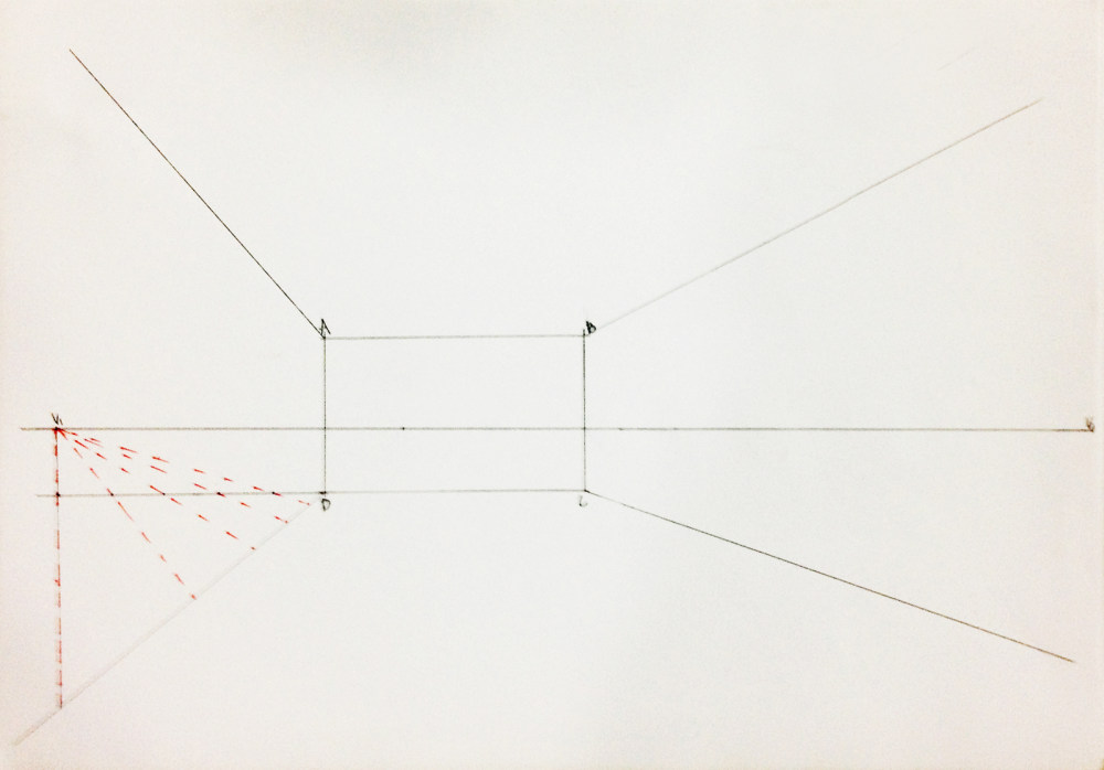 手绘基础（透视的原理）每天发出一份练习，找到方向。_我们在找出第2点消失点V2，一般很少V2这个点会在这张纸上，没事我们先把V2起在纸的最边缘，连接AB点，AC延 ...