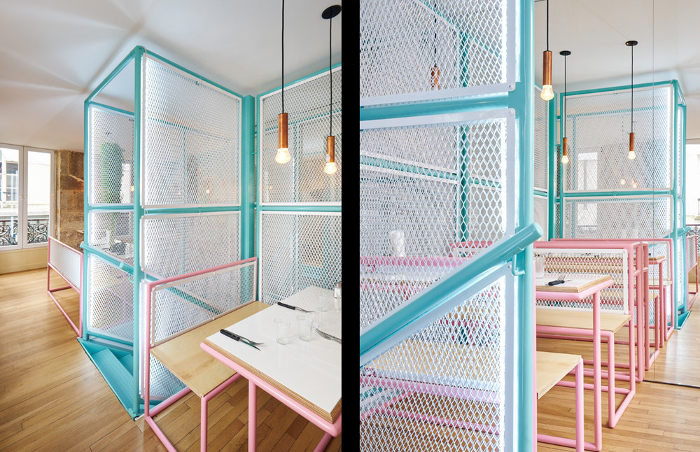 PNY新餐厅By CUT Architectures_Pink and blue pipes with white fencing at PNY\\'s new Restaurant designed by.jpg
