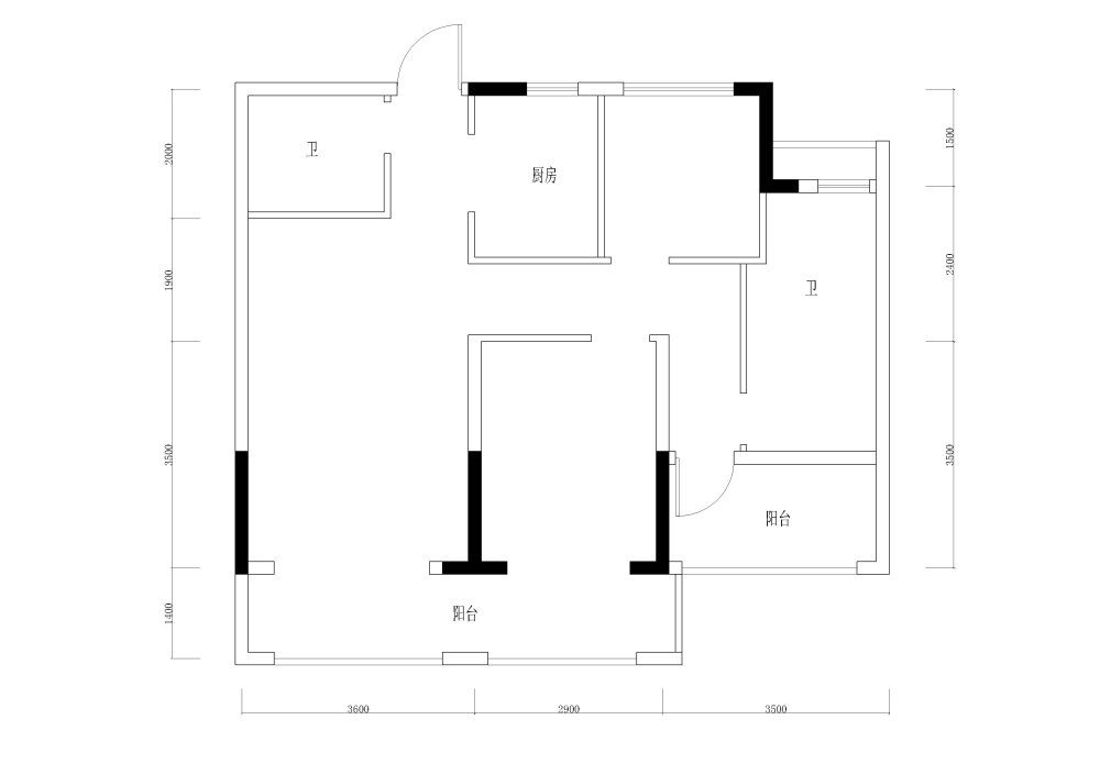 90方小户型，自己布了个平面，求助大师们帮助及点评！_原始结构图