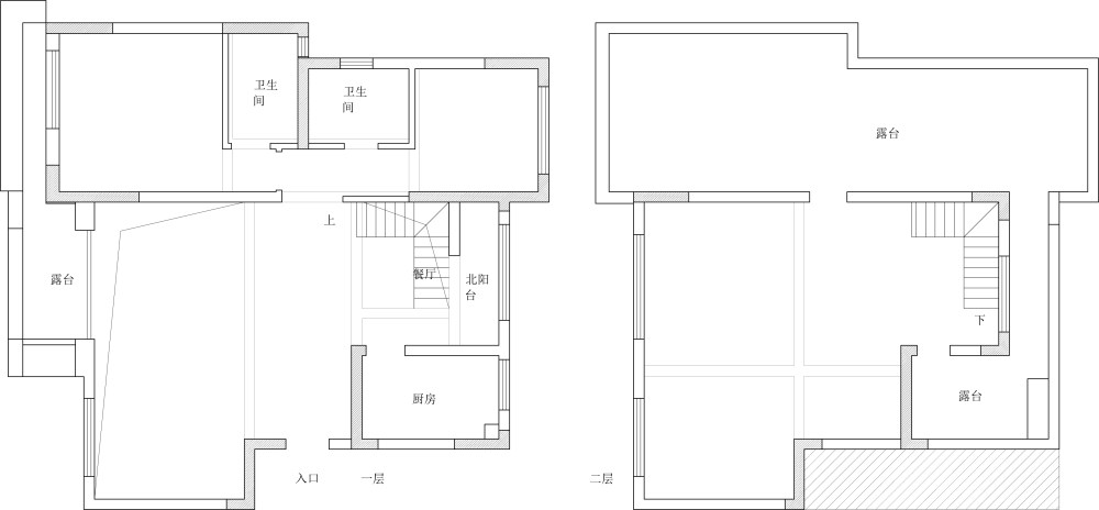 一个顶复户型，我布置了两个方案，请大师指点和优化，..._原始结构图