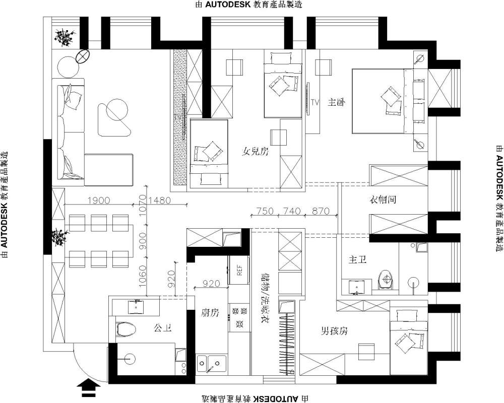 建面130平方米的公寓户型。。要求现代简约。。_130平方米公寓-Model.jpg
