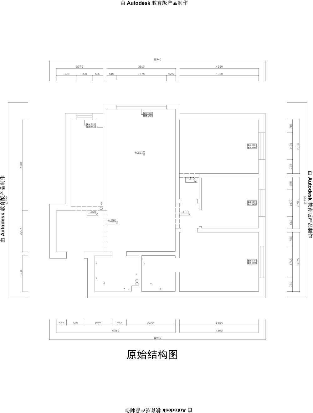 优化一个使用面积100平的房子_原始结构图