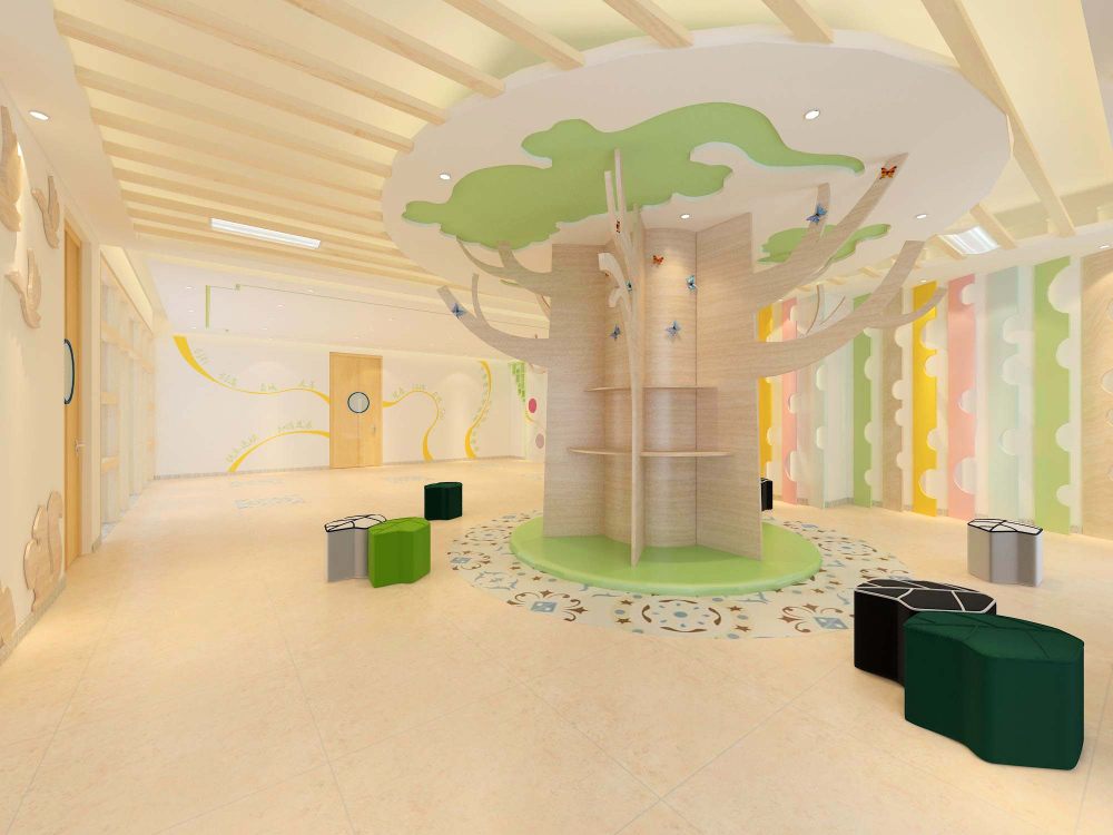 幼儿园大厅设计，带点新中式风格，幼儿园名叫凤岭。_地上的树叶造型沙发，就好像从这颗树落下来的