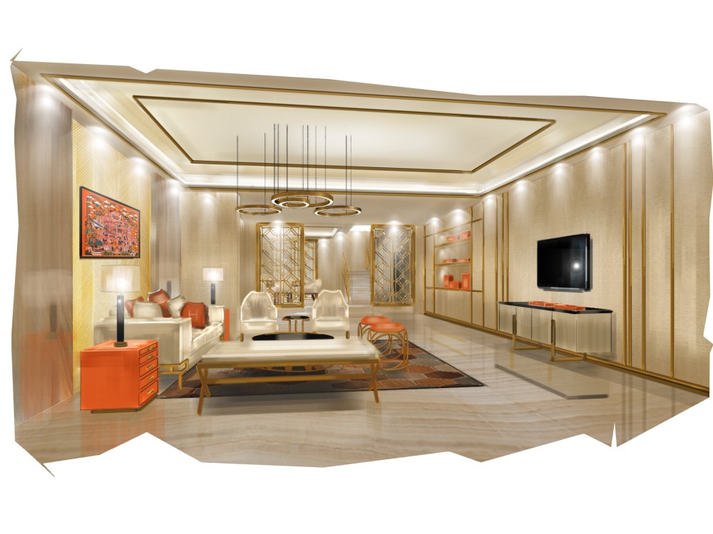 手绘客厅效果图设计_也有同学根据自己的想法设计爱马仕风格的客厅空间