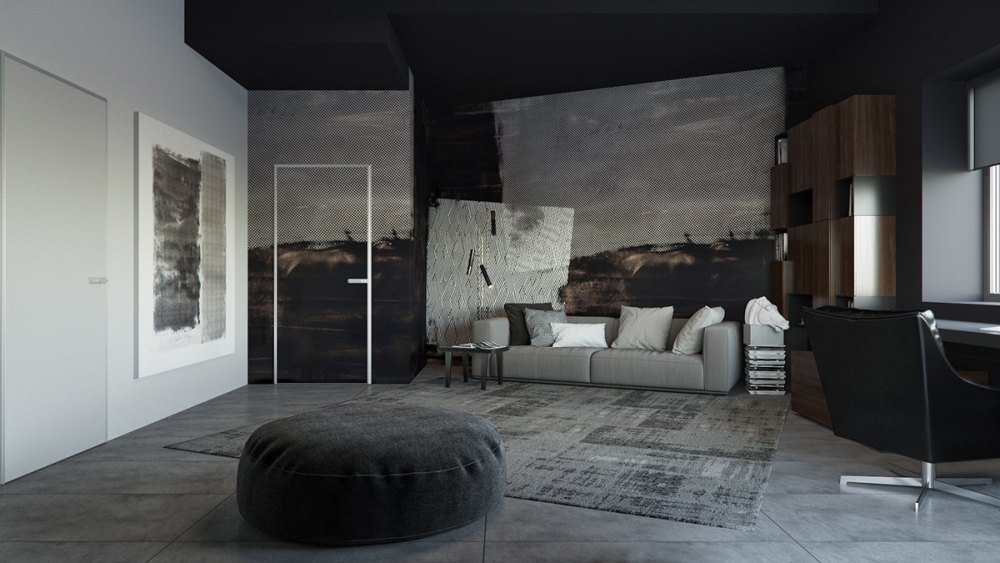 生活空间与黑暗颓废的黑色内饰_Abstract-grey-living-space-pixelated-wall-art-light-grey-flooring.jpg