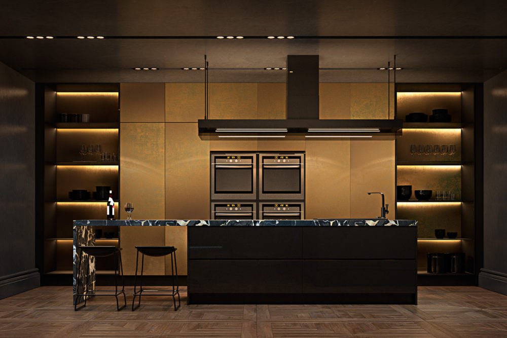 生活空间与黑暗颓废的黑色内饰_Brass-cabinetry-kitchen-marbled-kitchen-bench-amber-lit-shelving.jpg