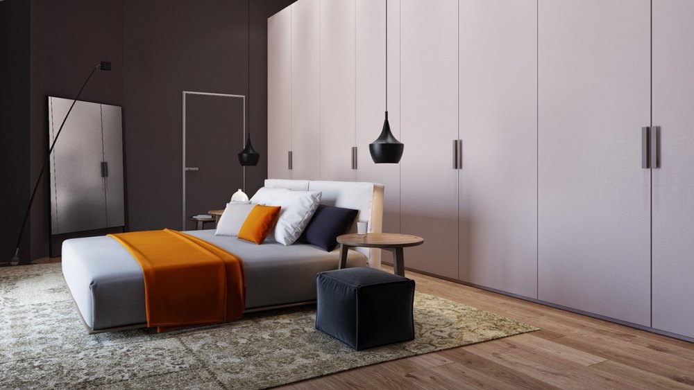 生活空间与黑暗颓废的黑色内饰_Functionalist-bedroom-white-and-brown-panelling-striking-orange-bed-throw.jpg