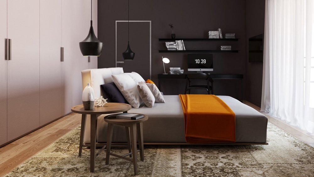 生活空间与黑暗颓废的黑色内饰_Muted-hues-bedroom-brown-walls-grey-walls-bright-orange-throw.jpg