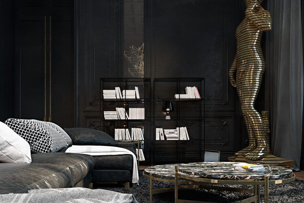 生活空间与黑暗颓废的黑色内饰_Opulent-living-room-gilded-statue-of-David-distressed-leather-sofa-iron-ore-bookcase.jpg