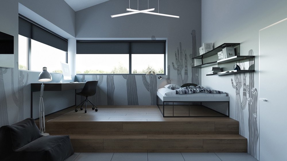 生活空间与黑暗颓废的黑色内饰_Shaded-grey-bedroom-abstract-wall-sketches-light-blue-and-grey.jpg