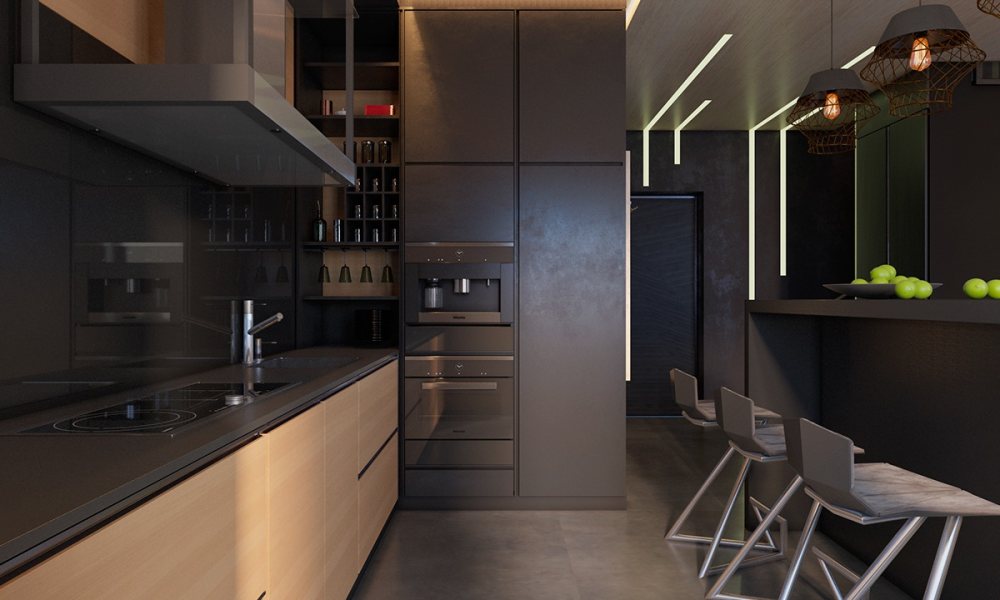 生活空间与黑暗颓废的黑色内饰_Shaded-grey-kitchen-lght-wooden-bottom-charcoal-cabinetry-light-grey-fade.jpg