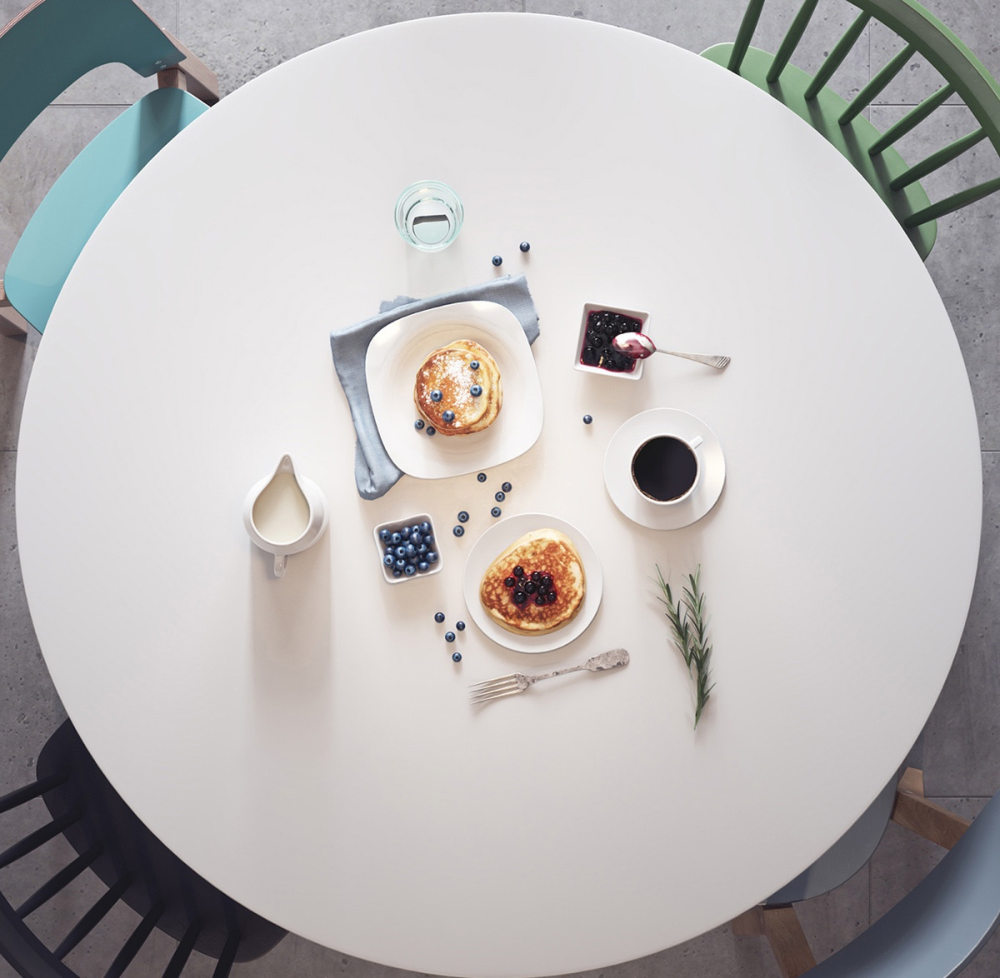 探索黑暗的一面，黑色和白色斯堪的纳维亚内饰_white-rounded-table-pastel-chairs-Scandinavian-breakfast-table.jpg