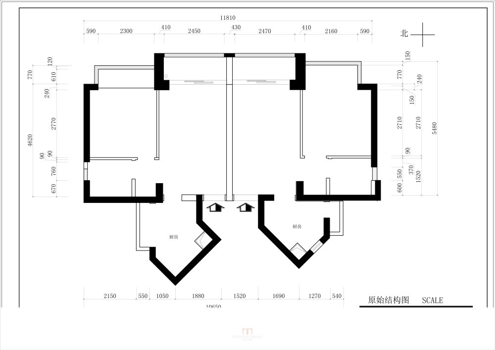 公寓住宅，两个小户型打通为一个户型，要求亦三个房间，_原始户型