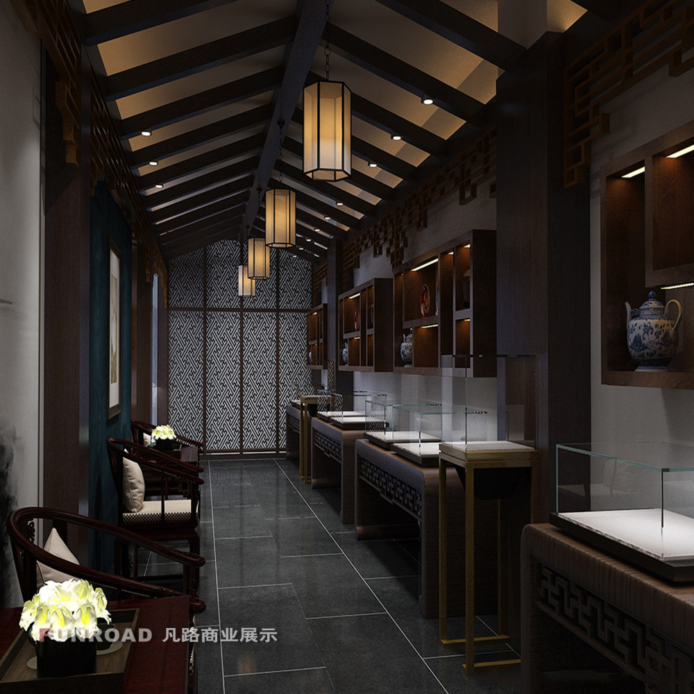 小型古典中国风珠宝鉴赏会所_由于空间的局限，将一部分展示空间设计在墙上