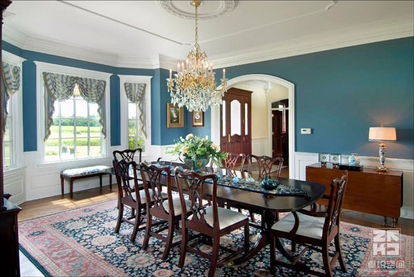 blue-dining-room-ideas-dining-chair-rectangle-brown-table-dark-blue-wall-chandel.jpg
