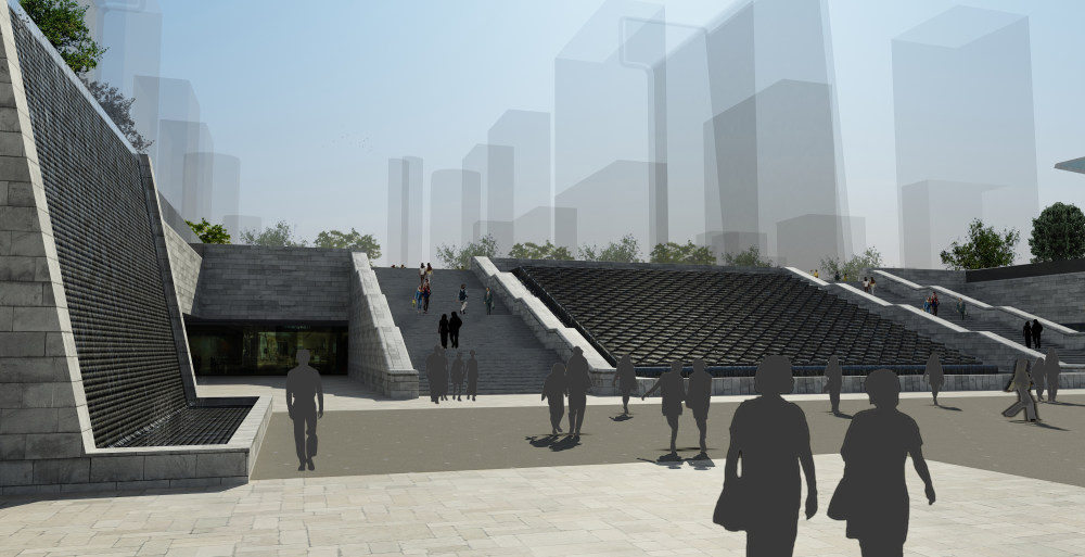 济南高铁西客站东广场规划设计_3景观节点 下沉广场水景观与楼梯.jpg