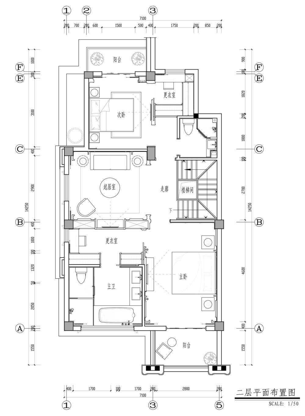 一套别墅样板房设计带CAD施工图_二层平面布置图.jpg