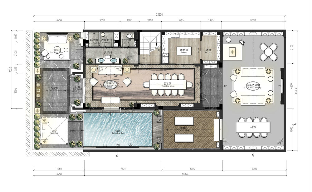 新中式现代中式别墅样板房住宅有CAD施工图_负一层平面布置图02.jpg
