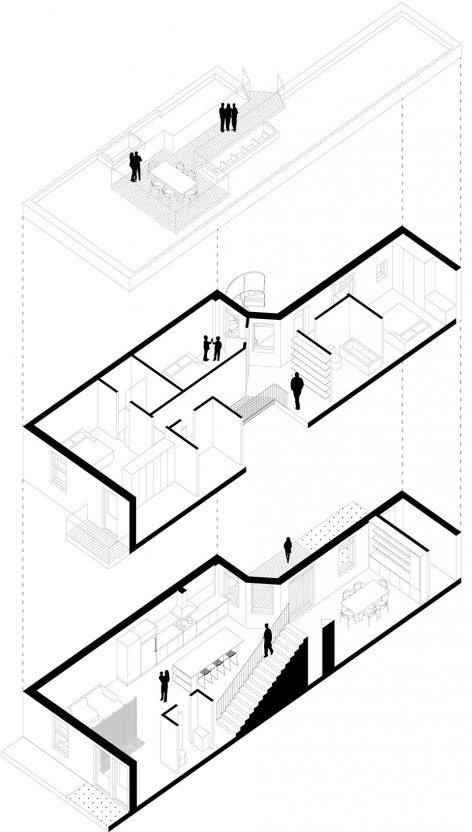 Rivard House 住宅，加拿大蒙特利尔 / L’Abri 事务所_户型轴测图，the axonometric drawing for programs