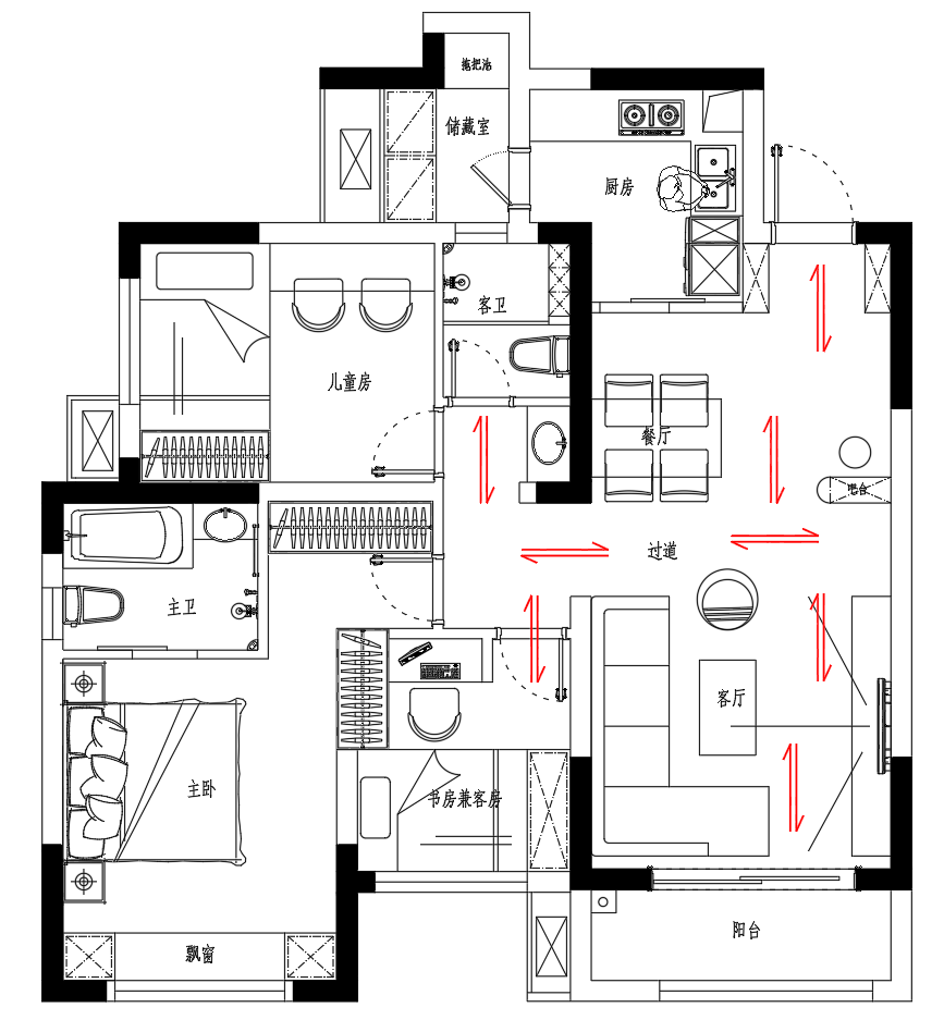自家95平米房子，大家帮忙看看平面规划布局！特别是厨房_0.png