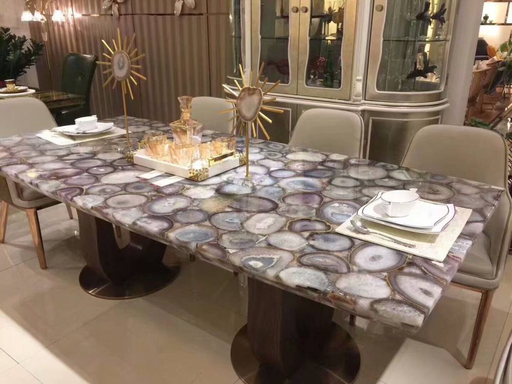 天然宝石家具:孔雀石-玛瑙-水晶-木化石-餐桌茶几_原色玛瑙长餐桌