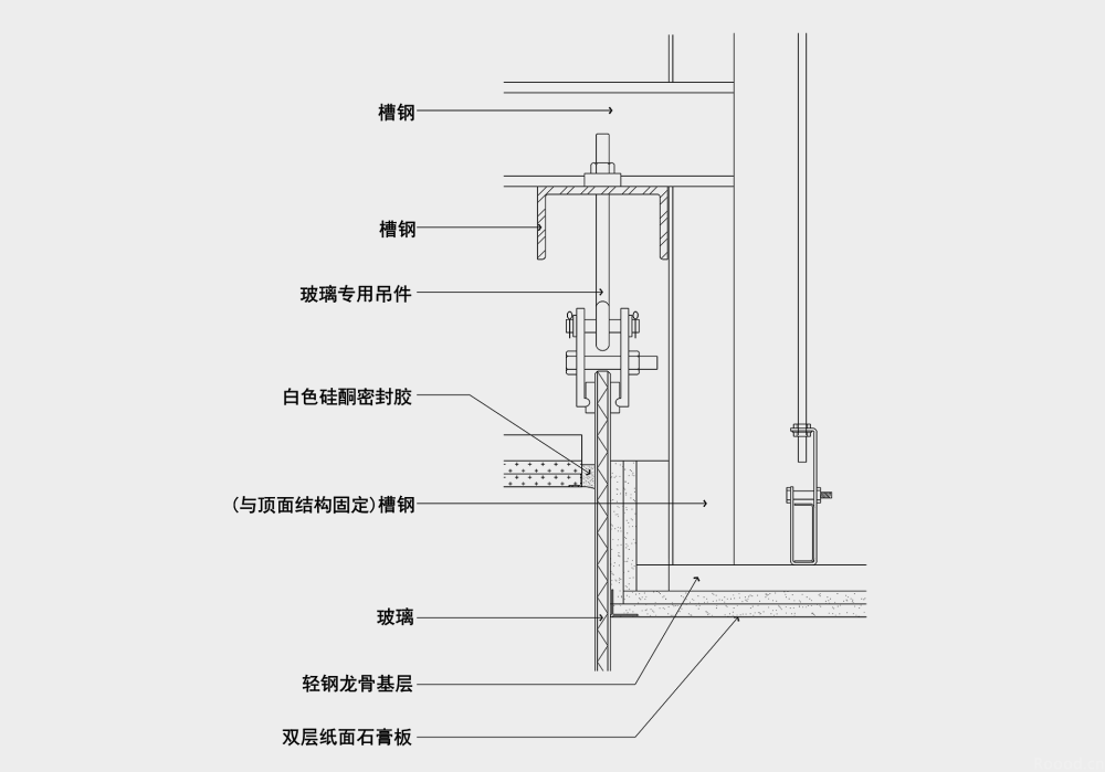 石膏板与玻璃收口做法_CAD节点图