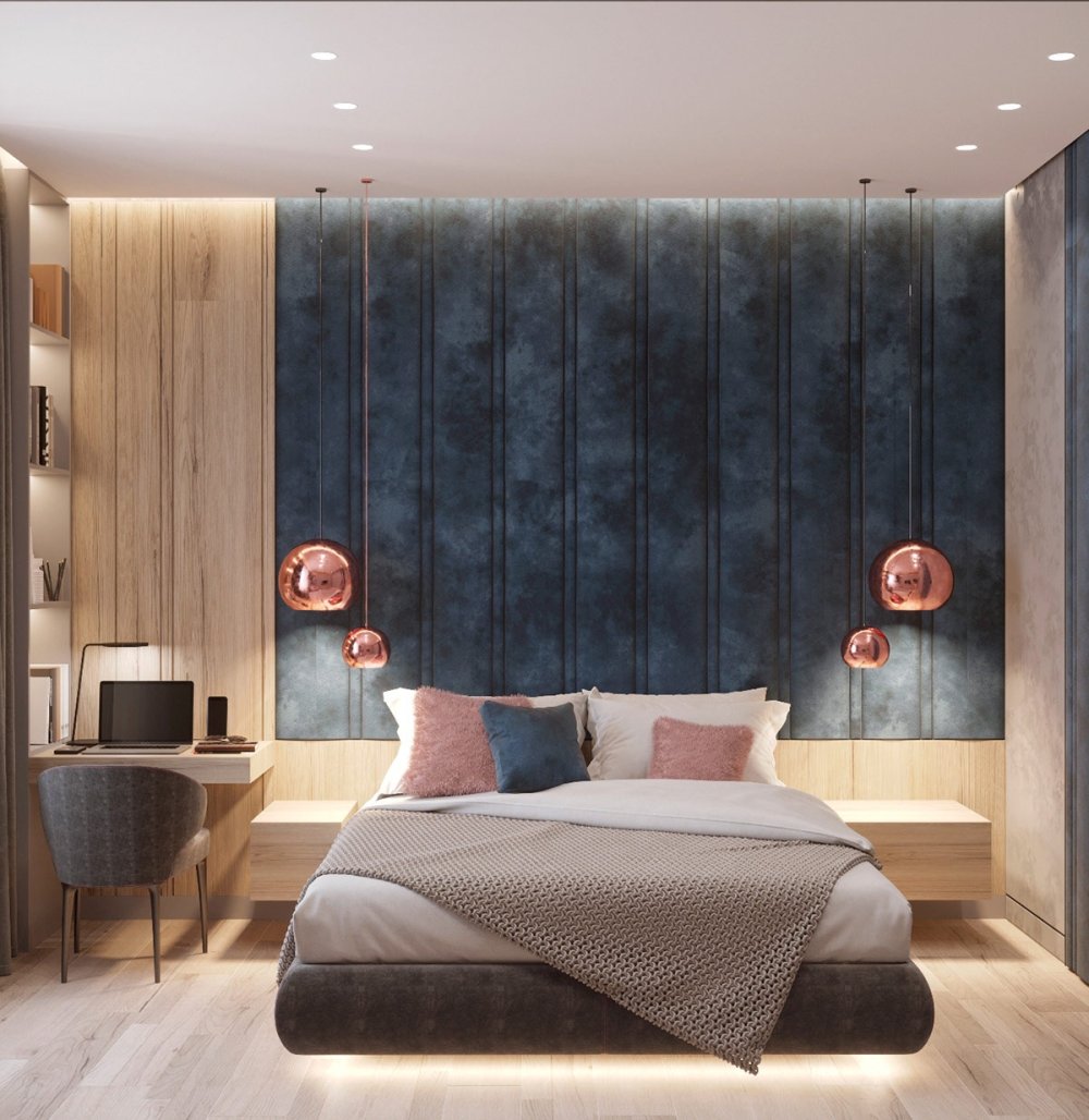 国外作品 | First Class Family Home With Blue, Pink And Gold Decor_blue-and-copper-bedroom.jpg